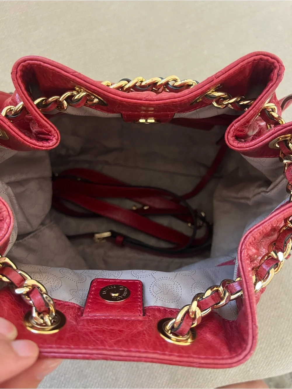 Michael Kors Quilted Red Leather Drawstring Hobo with Gold Chain